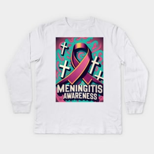 Meningitis Awareness Ribbon with Pink Swirls Background Kids Long Sleeve T-Shirt